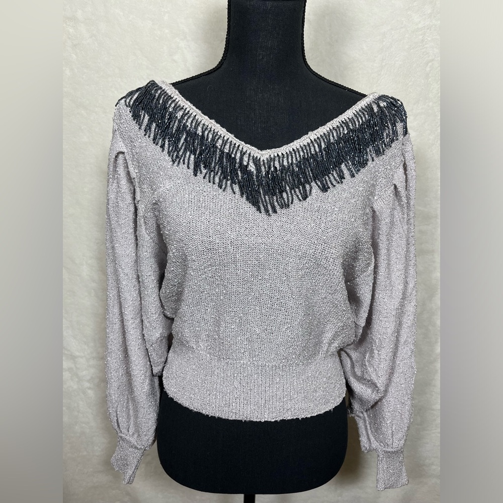 Vintage Joani Rome Gray Sweater balloon sleeves beaded neckline size Medium